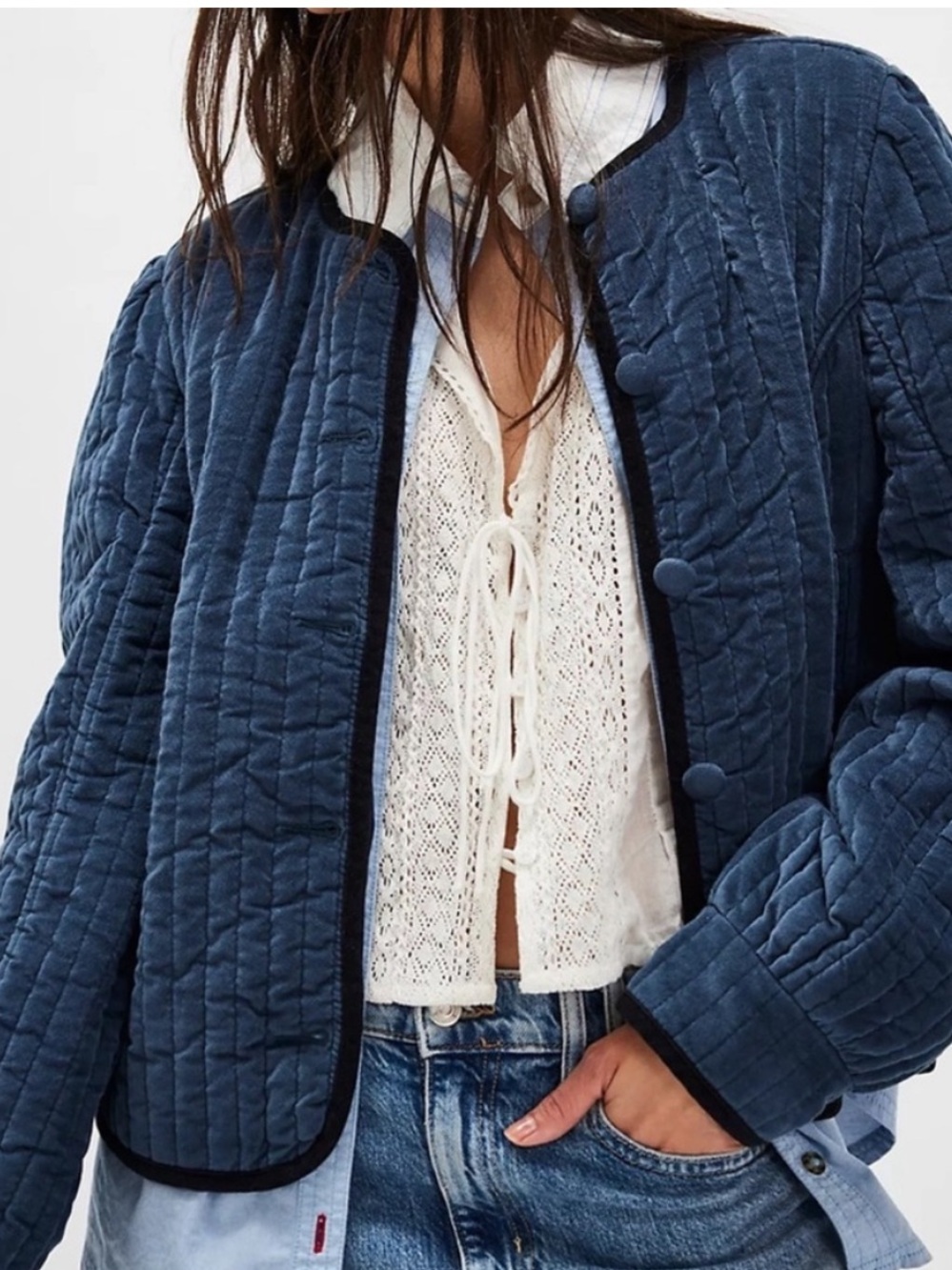 Free People Natalia Velvet Blue Quilted Button-Front Bomber Jacket